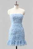 Light Blue Bodycon Strapless Ruffled Floral Beaded Homecoming Dress with Lace Up Back