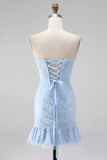 Light Blue Bodycon Strapless Ruffled Floral Beaded Homecoming Dress with Lace Up Back