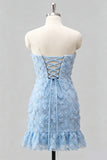 Light Blue Bodycon Strapless Ruffled Floral Beaded Homecoming Dress with Lace Up Back