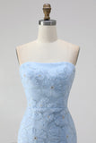 Light Blue Bodycon Strapless Ruffled Floral Beaded Homecoming Dress with Lace Up Back