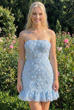Light Blue Bodycon Strapless Ruffled Floral Beaded Homecoming Dress with Lace Up Back
