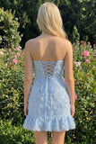 Light Blue Bodycon Strapless Ruffled Floral Beaded Homecoming Dress with Lace Up Back