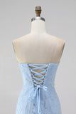 Light Blue Bodycon Strapless Ruffled Floral Beaded Homecoming Dress with Lace Up Back