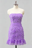 Light Blue Bodycon Strapless Ruffled Floral Beaded Homecoming Dress with Lace Up Back
