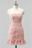 Light Blue Bodycon Strapless Ruffled Floral Beaded Homecoming Dress with Lace Up Back