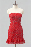 Light Blue Bodycon Strapless Ruffled Floral Beaded Homecoming Dress with Lace Up Back