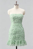 Light Blue Bodycon Strapless Ruffled Floral Beaded Homecoming Dress with Lace Up Back