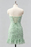 Light Blue Bodycon Strapless Ruffled Floral Beaded Homecoming Dress with Lace Up Back