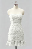 Light Blue Bodycon Strapless Ruffled Floral Beaded Homecoming Dress with Lace Up Back