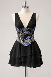 A-Line Pink Floral V-Neck Tiered Sequins Homecoming Dress with Lace Up Back