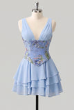 A-Line Pink Floral V-Neck Tiered Sequins Homecoming Dress with Lace Up Back