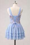 A-Line Pink Floral V-Neck Tiered Sequins Homecoming Dress with Lace Up Back