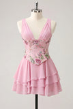 A-Line Pink Floral V-Neck Tiered Sequins Homecoming Dress with Lace Up Back