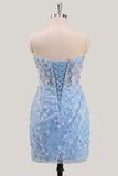 Bodycon Strapless Floral Sheer Corset Sequins Homecoming Dress with Lace Up Back