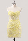Bodycon Strapless Floral Sheer Corset Sequins Homecoming Dress with Lace Up Back