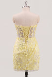 Bodycon Strapless Floral Sheer Corset Sequins Homecoming Dress with Lace Up Back