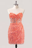 Bodycon Strapless Floral Sheer Corset Sequins Homecoming Dress with Lace Up Back