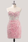 Bodycon Strapless Floral Sheer Corset Sequins Homecoming Dress with Lace Up Back