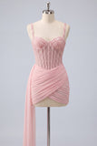 Pink Bodycon Corset Ruched Beaded Lace Up Back Homecoming Dress with Sash