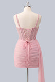 Pink Bodycon Corset Ruched Beaded Lace Up Back Homecoming Dress with Sash