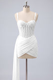 Pink Bodycon Corset Ruched Beaded Lace Up Back Homecoming Dress with Sash