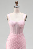 Pink Bodycon Corset Ruched Beaded Lace Up Back Homecoming Dress with Sash