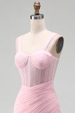 Pink Bodycon Corset Ruched Beaded Lace Up Back Homecoming Dress with Sash