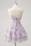 Sweetheart A-Line Pink Floral Ruched Tiered Ruffled Homecoming Dress with Bow