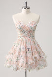 Sweetheart A-Line Pink Floral Ruched Tiered Ruffled Homecoming Dress with Bow
