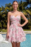 Sweetheart A-Line Pink Floral Ruched Tiered Ruffled Homecoming Dress with Bow
