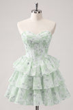 Sweetheart Tiered A-Line Pink Floral Corset Short Homecoming Dress