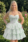 Sweetheart Tiered A-Line Pink Floral Corset Short Homecoming Dress