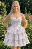 Sweetheart Tiered A-Line Pink Floral Corset Short Homecoming Dress