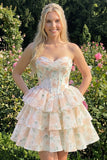 Sweetheart Tiered A-Line Pink Floral Corset Short Homecoming Dress