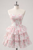 Sweetheart Tiered A-Line Pink Floral Corset Short Homecoming Dress
