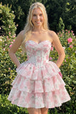Sweetheart Tiered A-Line Pink Floral Corset Short Homecoming Dress