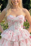 Sweetheart Tiered A-Line Pink Floral Corset Short Homecoming Dress