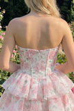Sweetheart Tiered A-Line Pink Floral Corset Short Homecoming Dress
