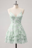 Pink Tiered A-Line Floral Spaghetti Straps Homecoming Dress with Ruffles