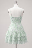 Pink Tiered A-Line Floral Spaghetti Straps Homecoming Dress with Ruffles