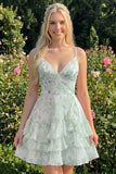 Pink Tiered A-Line Floral Spaghetti Straps Homecoming Dress with Ruffles