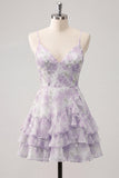 Pink Tiered A-Line Floral Spaghetti Straps Homecoming Dress with Ruffles