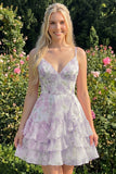 Pink Tiered A-Line Floral Spaghetti Straps Homecoming Dress with Ruffles