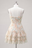 Pink Tiered A-Line Floral Spaghetti Straps Homecoming Dress with Ruffles