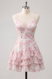 Pink Tiered A-Line Floral Spaghetti Straps Homecoming Dress with Ruffles