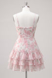 Pink Tiered A-Line Floral Spaghetti Straps Homecoming Dress with Ruffles