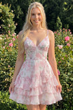 Pink Tiered A-Line Floral Spaghetti Straps Homecoming Dress with Ruffles