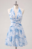 A-Line Light Blue Halter Neck Floral Ruched Homecoming Dress