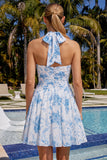 A-Line Light Blue Halter Neck Floral Ruched Homecoming Dress