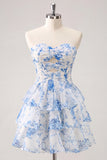 Light Blue Sweetheart Key Hole Tiered Floral Chiffon Homecoming Dress